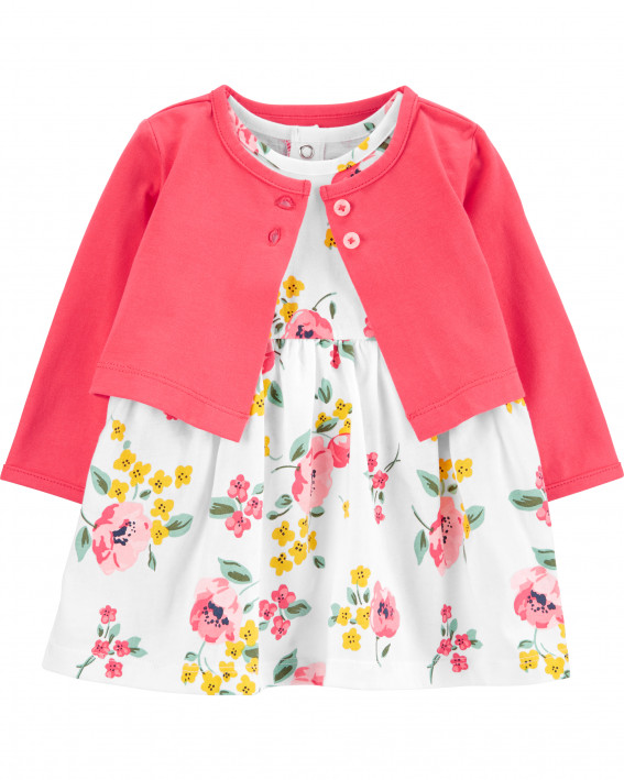 2-Piece Floral Bodysuit Dress & Cardigan Set